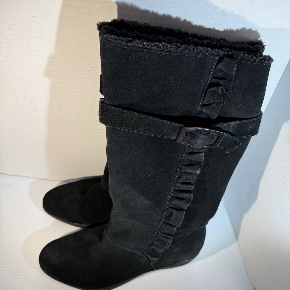 London Fog Monica Suede Leather Waterproof Tall Boots Faux Fur Wedge Black Sz 9M - Picture 6 of 16